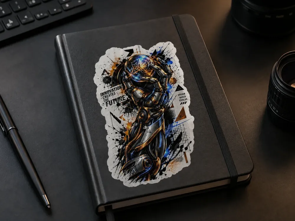 AI robot sticker on black notebook