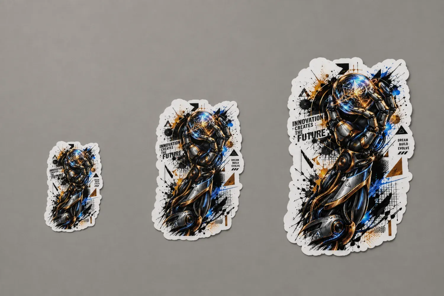 AI robot sticker shown in three sizes