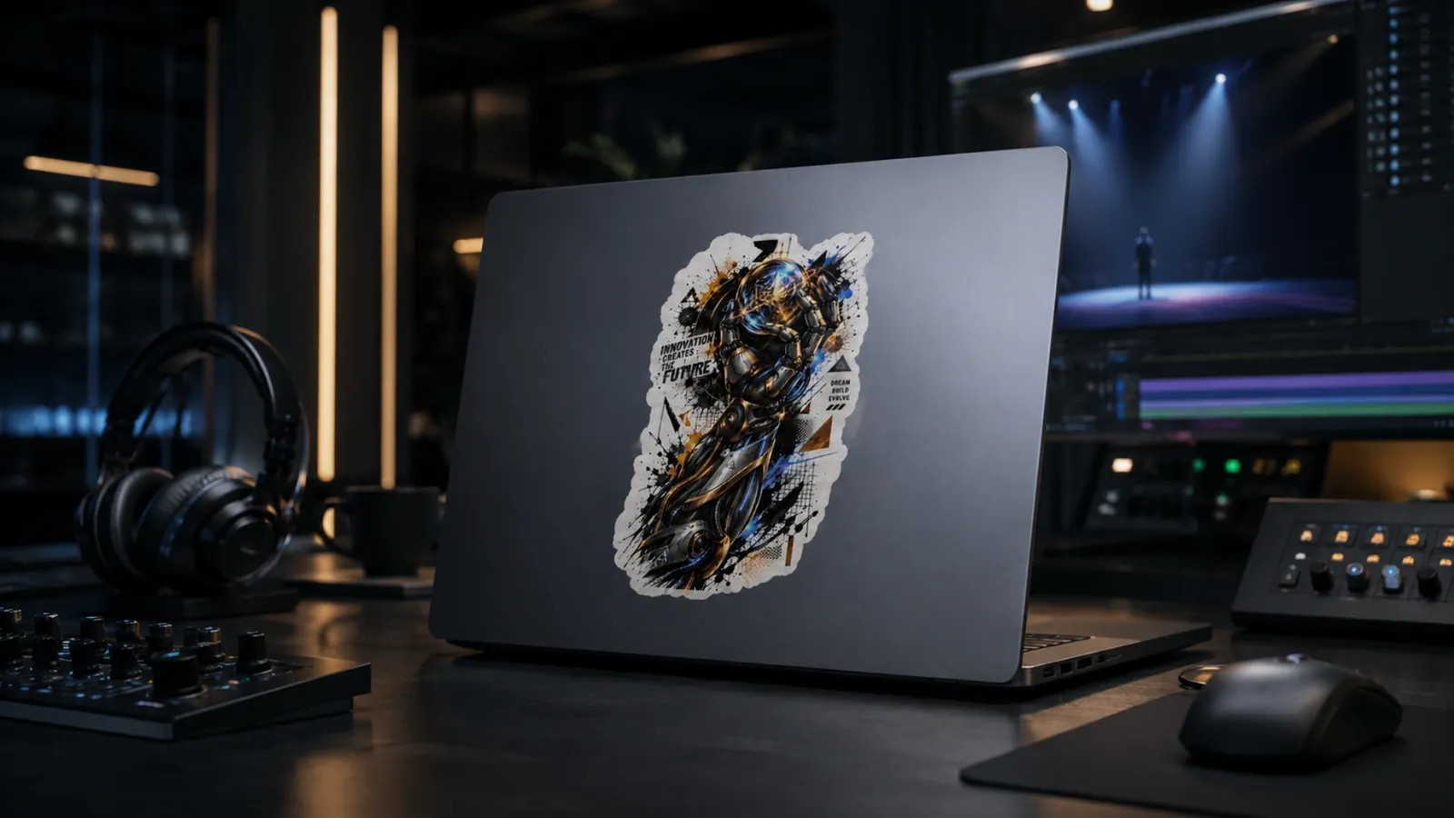 Cyberpunk robot sticker on a laptop in a video studio